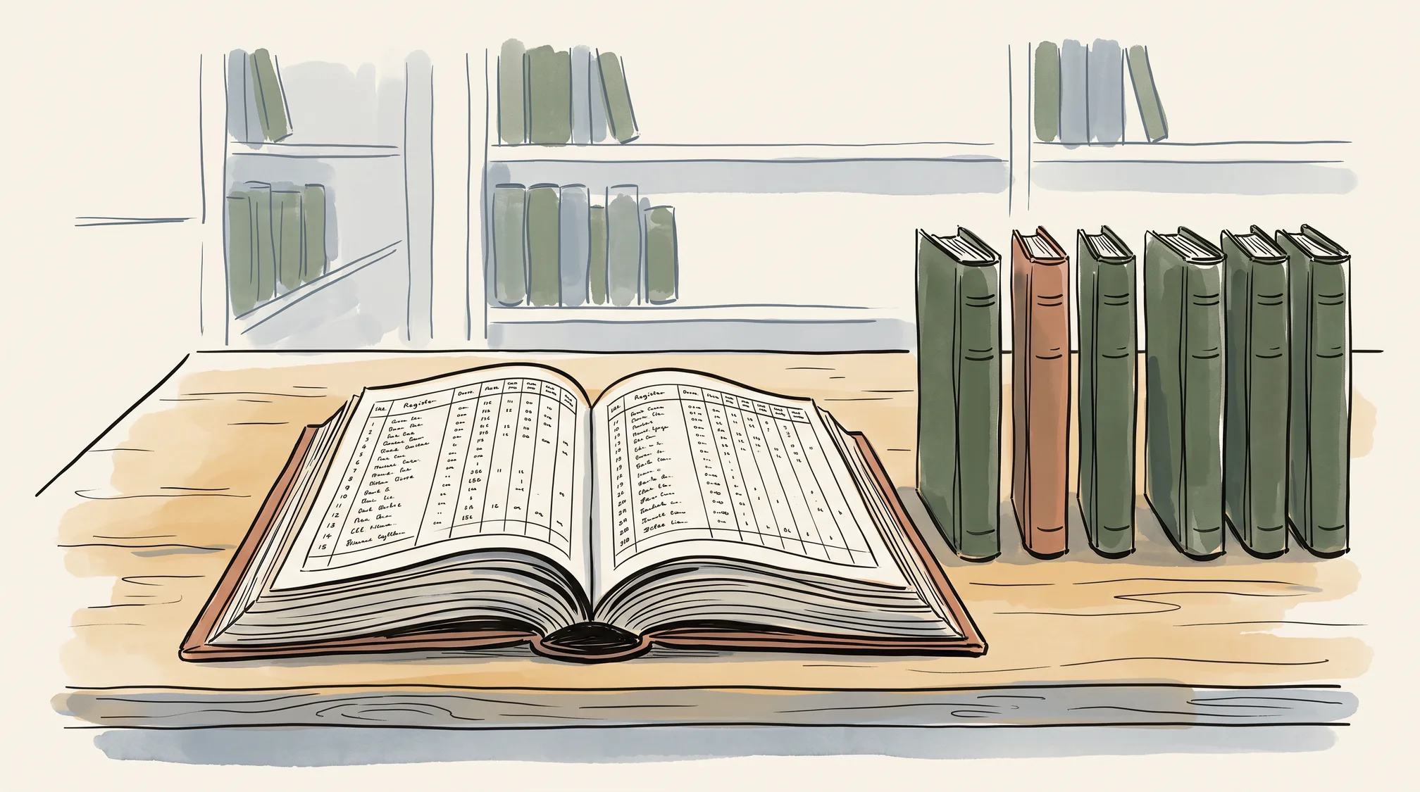 A large open bound register with columns of handwritten entries lies on a wooden table next to a row of slimmer matching volumes standing upright.