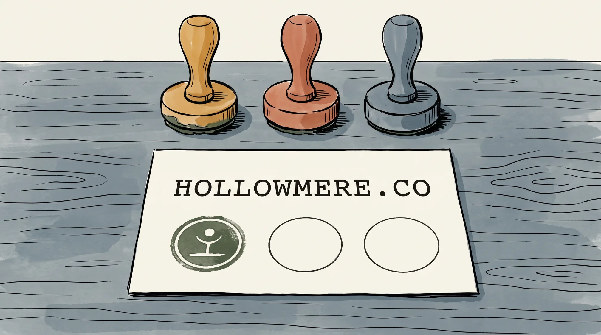 An index card lettered HOLLOWMERE.CO on a counter carrying one inked stamp, with two more rubber stamps standing beside it.