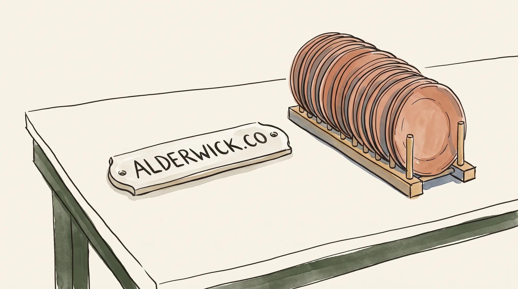 A glazed ceramic nameplate reading ALDERWICK.CO lies on a workbench next to a rack packed with identical blank unglazed plates.