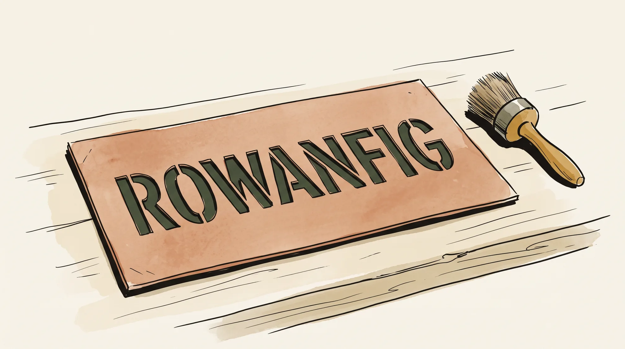A card stencil cut with the word ROWANFIG lies on a wooden bench next to a stubby stencil brush.