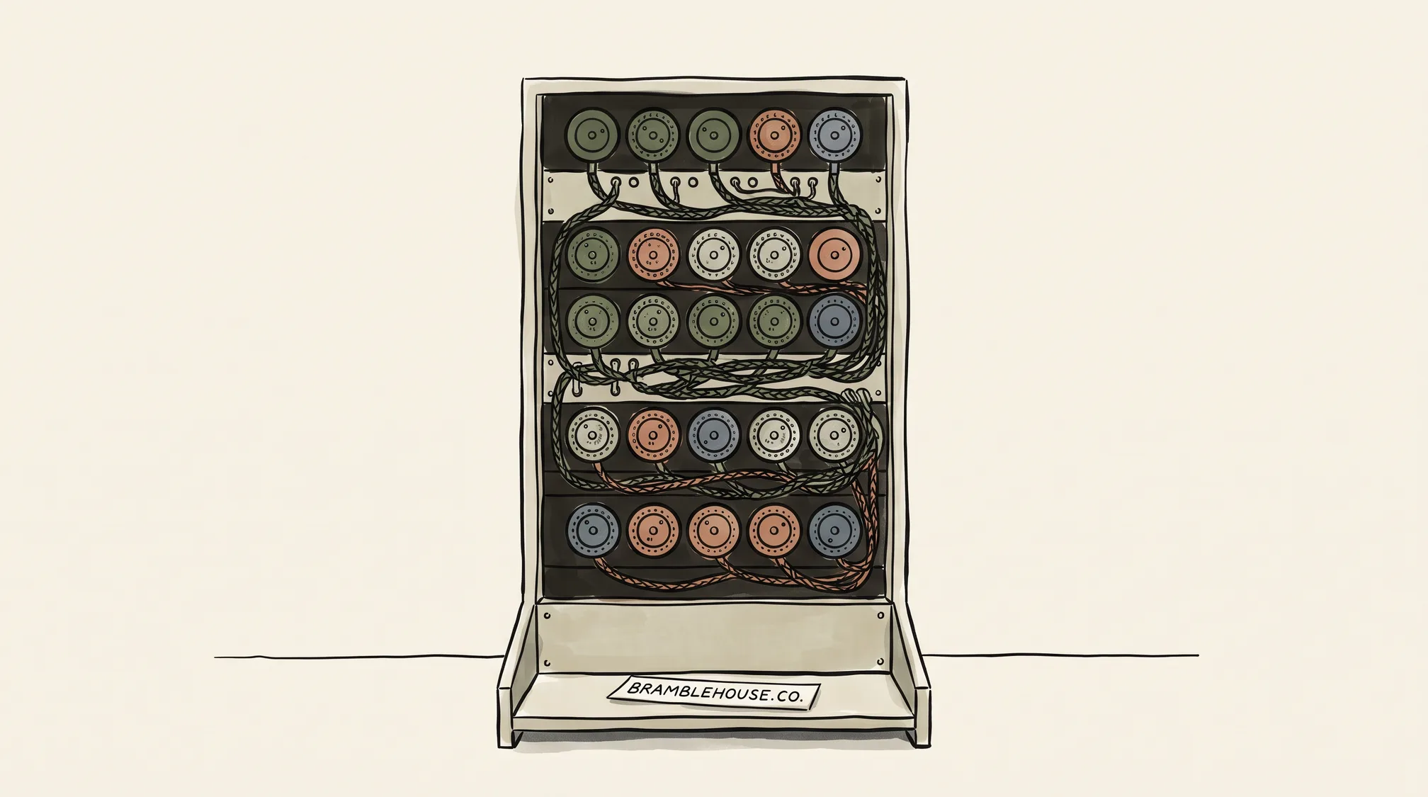 The front of a wartime code-breaking machine covered in rows of circular rotor drums, with a paper slip reading BRAMBLEHOUSE.CO on the shelf at its base.