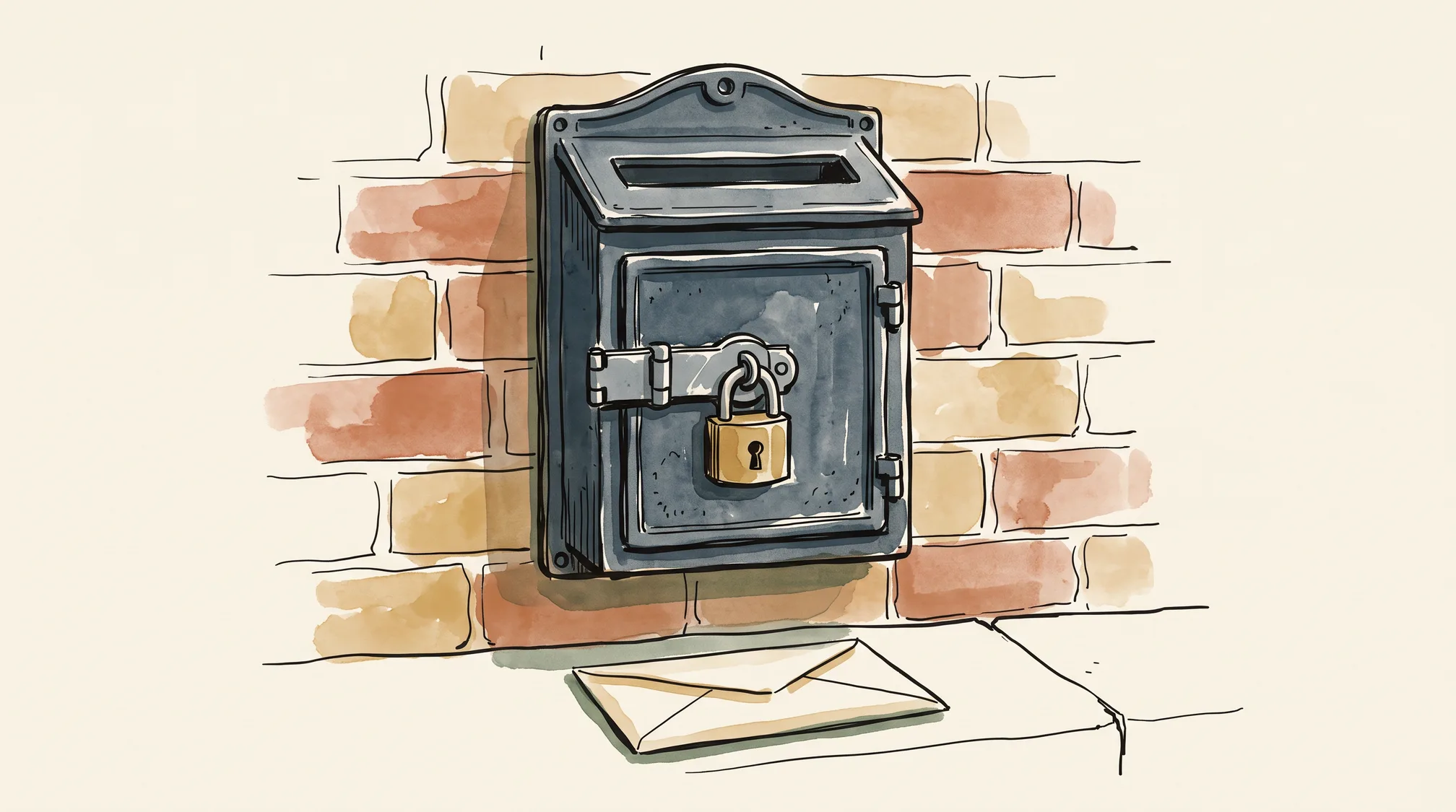 A cast-iron wall letterbox padlocked shut, with a sealed envelope lying on the stone ledge beneath it.
