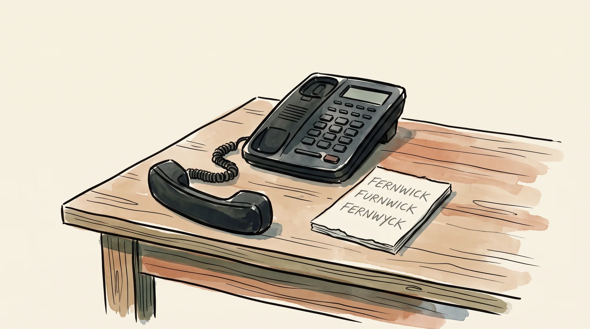 A telephone handset lying off its cradle on a wooden table next to a message pad showing one name written three different ways.