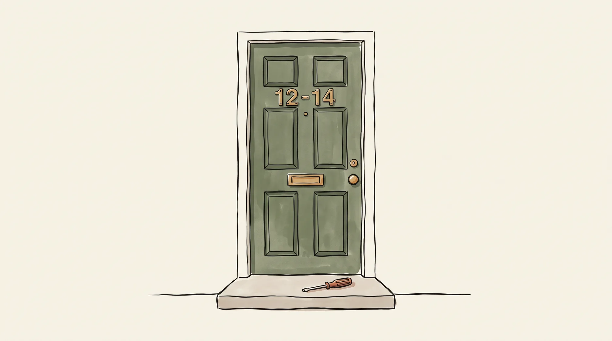 Brass house numerals reading 12-14, including a hyphen bar, screwed to a painted front door above a doorstep with a screwdriver on it.
