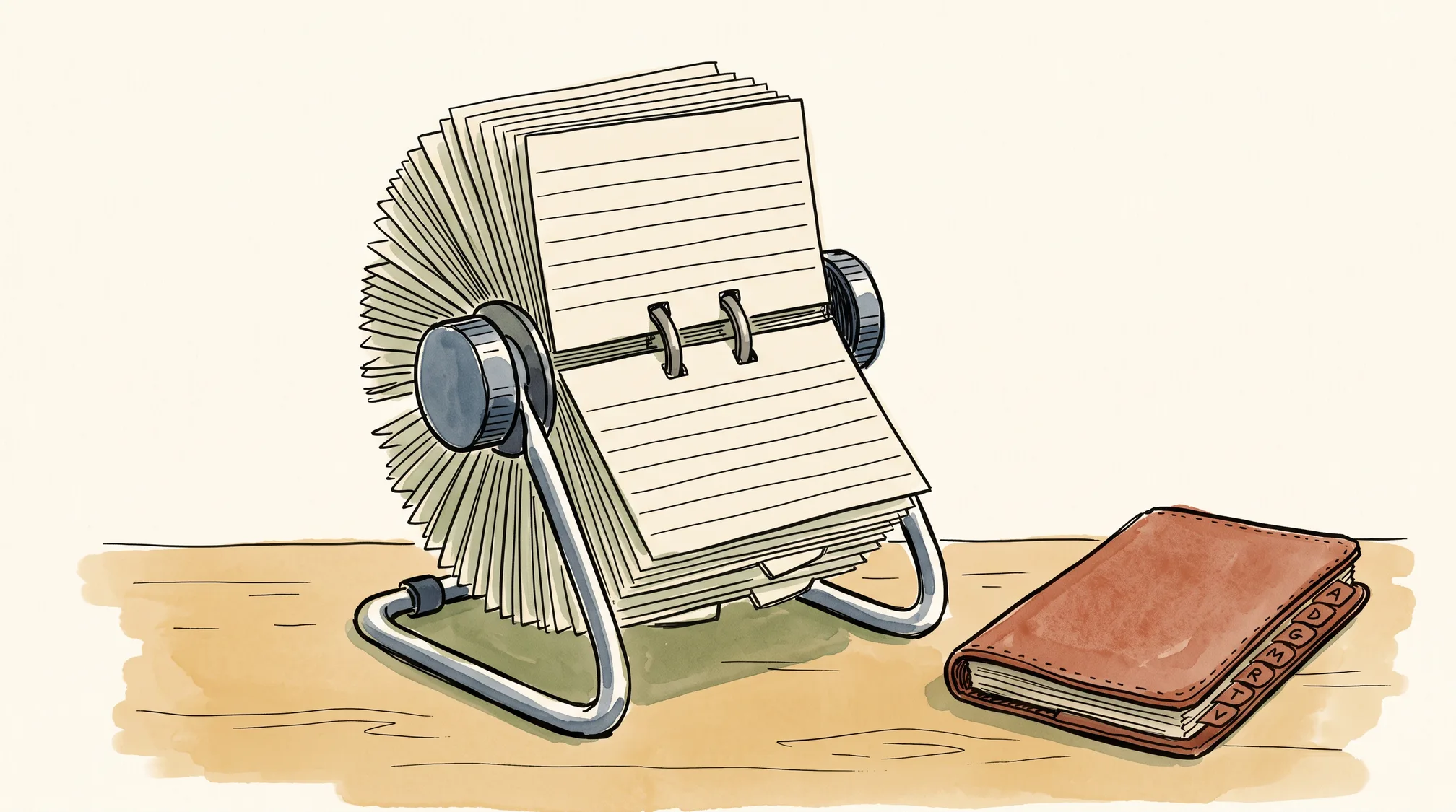 A rotary desk card file holding blank address cards stands on a desk next to a small closed leather address book with alphabet tabs.