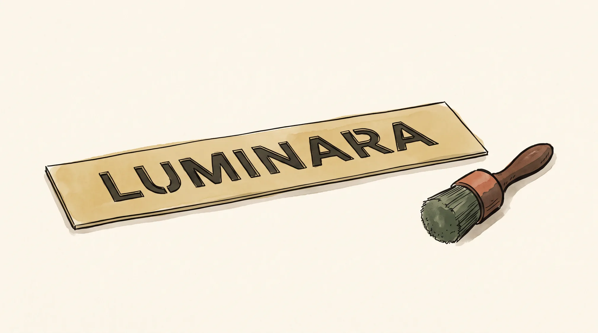 A brass stencil strip on a workbench with the word LUMINARA cut through it, next to a short stencil brush.
