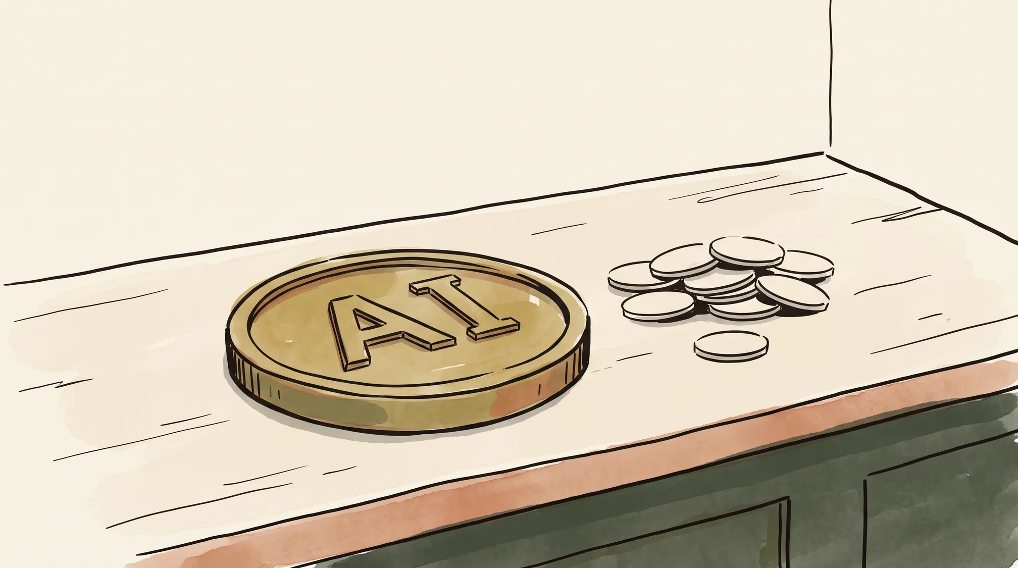 A large heavy brass token stamped AI lying on a wooden counter next to a pile of much smaller plain unmarked tokens.
