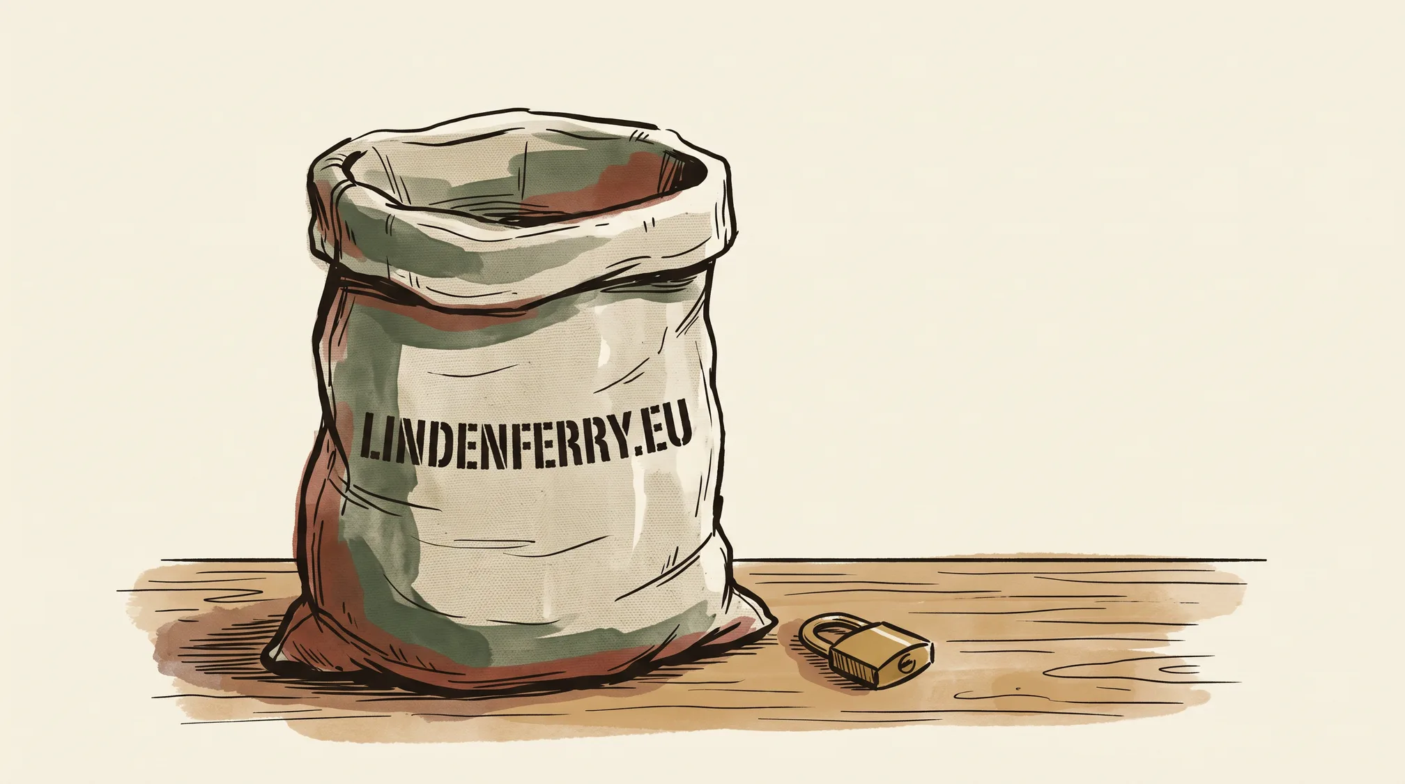 A canvas mail sack stencilled LINDENFERRY.EU stands on a wooden post office counter next to a small brass padlock.