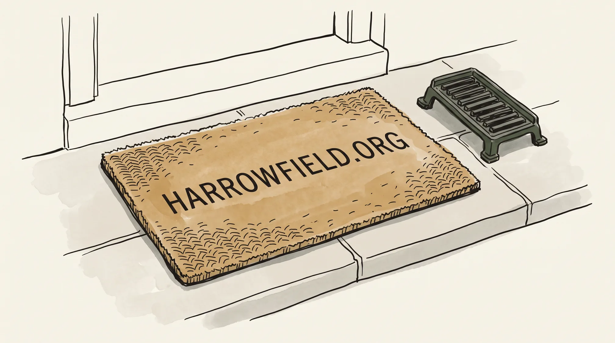 A coir doormat on a stone doorstep woven with the words HARROWFIELD.ORG, a cast-iron boot scraper on the stone beside it.