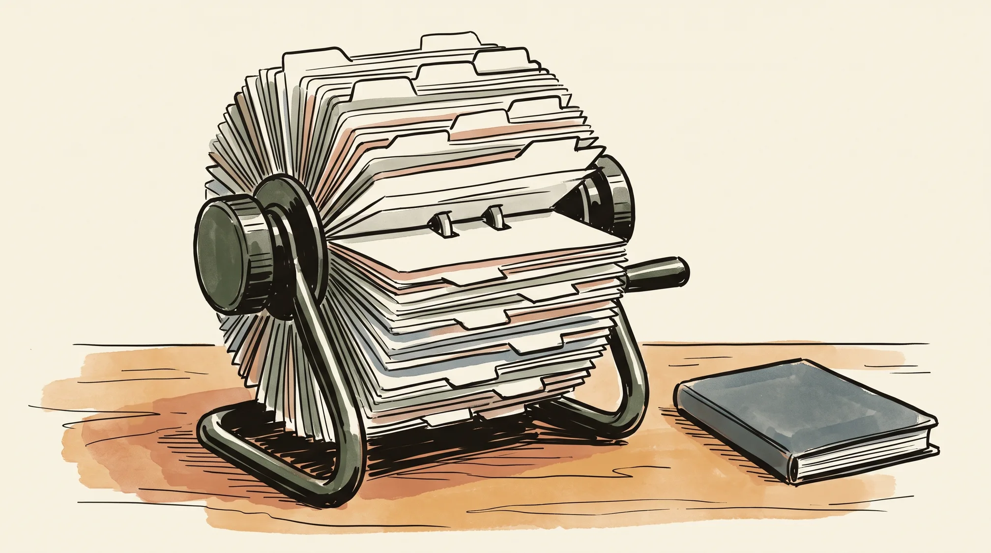 A big rotary card file full of blank tabbed cards on a desk next to a small closed pocket address book.