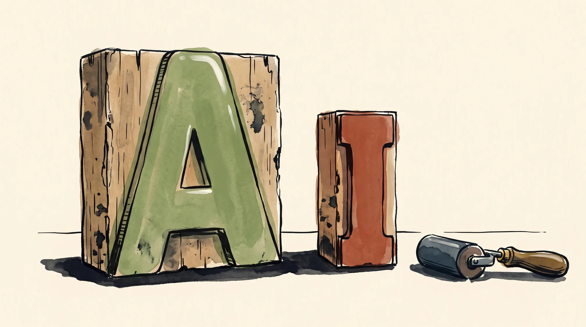 Two big wooden printing-type letters, A and I, lie side by side on a workbench with their faces worn smooth, next to a small ink roller.