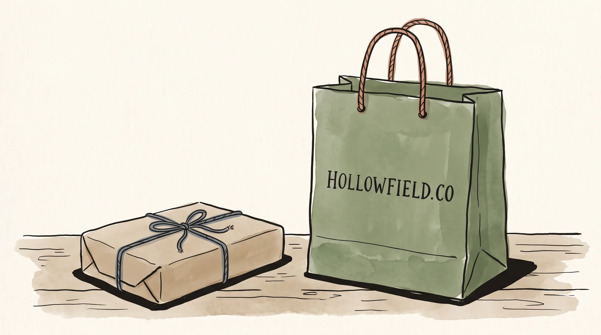 A paper shop bag printed HOLLOWFIELD.CO stands on a counter next to a plain brown-paper parcel with no printing on it.