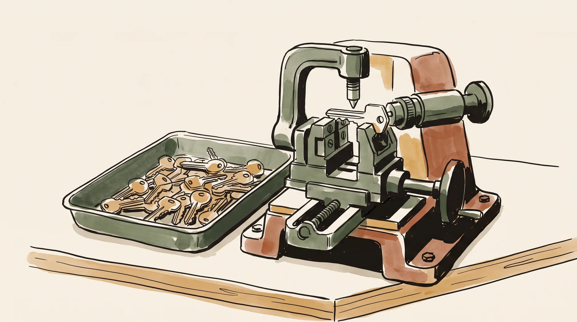 A key-cutting machine on a shop counter with a key in its jaws and a tray heaped with newly cut keys beside it.