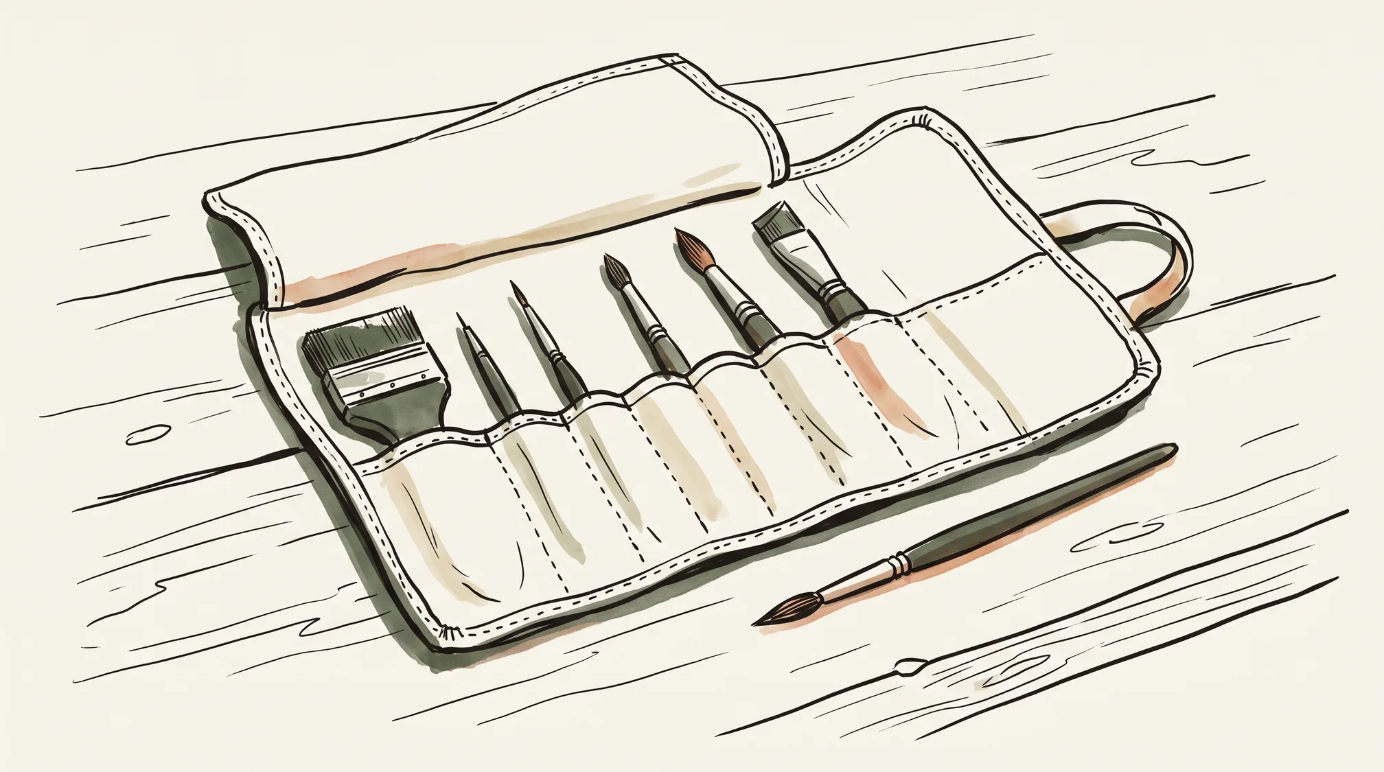 An open signwriter's brush roll on a workbench with brushes of visibly different shapes, one lifted clear of its loop.