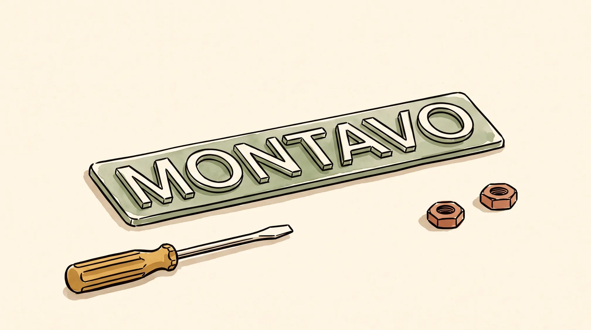 A chrome car nameplate badge reading MONTAVO lies flat on a workbench beside a small screwdriver and two mounting nuts.