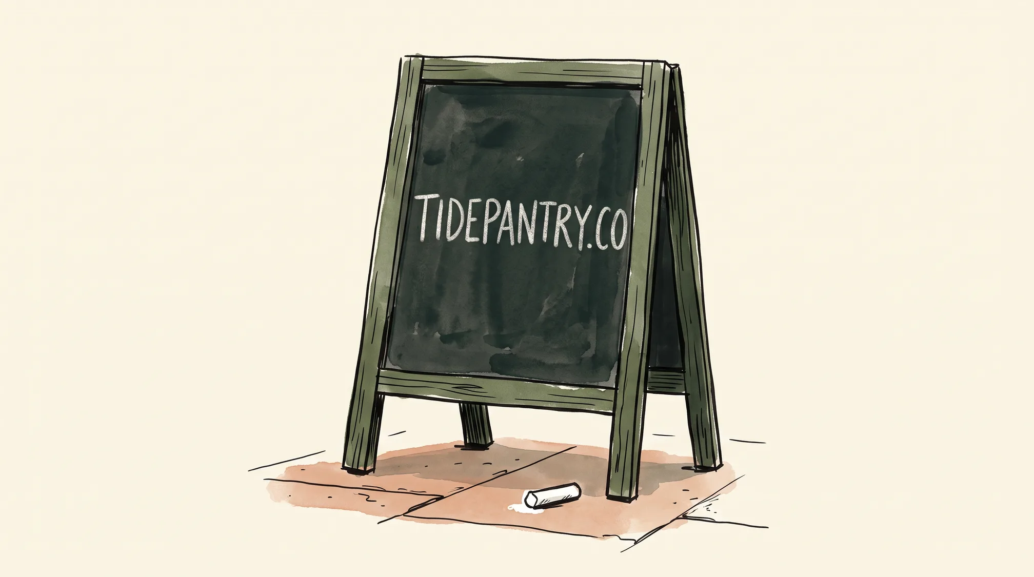 A folding wooden chalkboard sign on a pavement reads TIDEPANTRY.CO in chalk, with a short stub of chalk on the ground beside it.