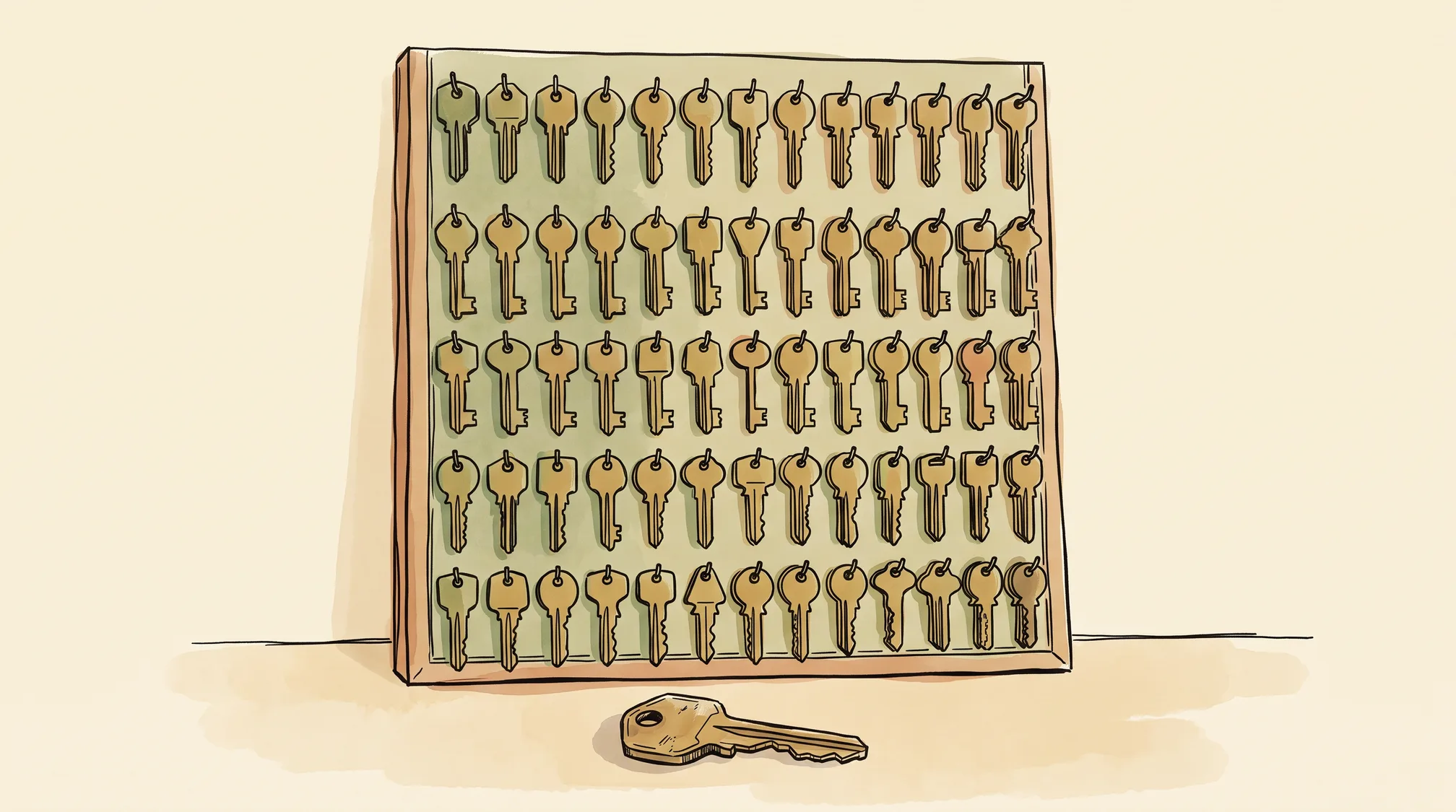 A locksmith's board covered with many brass key blanks of different shapes stands behind a counter where a single worn brass key lies.