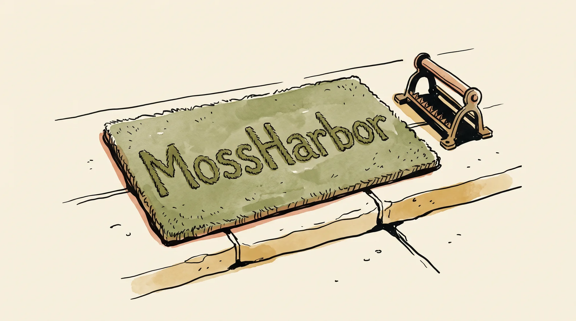 A coir doormat on a stone doorstep woven with the name MossHarbor, with a cast-iron boot scraper beside it.
