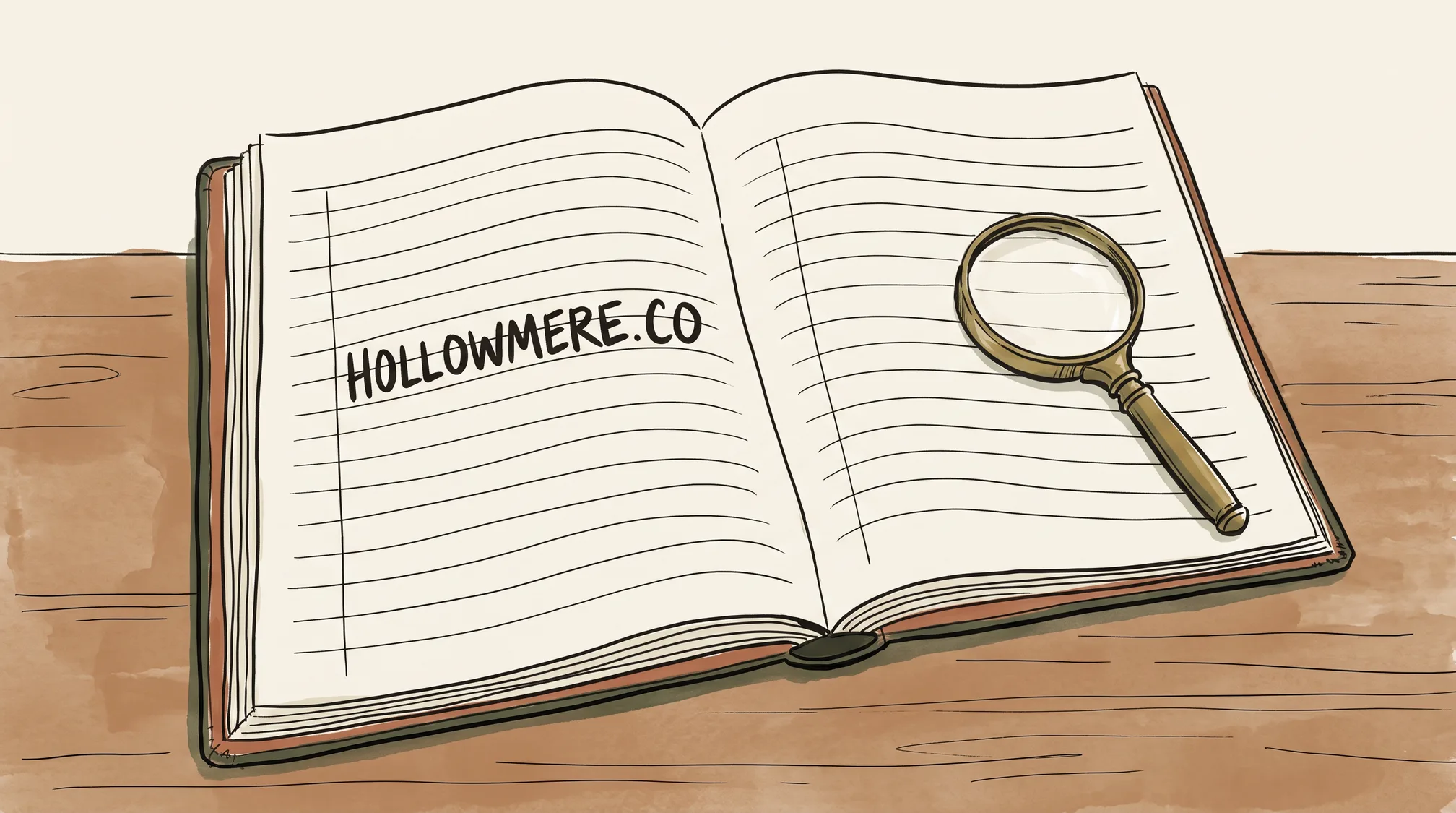 An open ledger on a counter shows one handwritten line reading HOLLOWMERE.CO with all other lines blank, and a magnifying glass lies on the facing page.