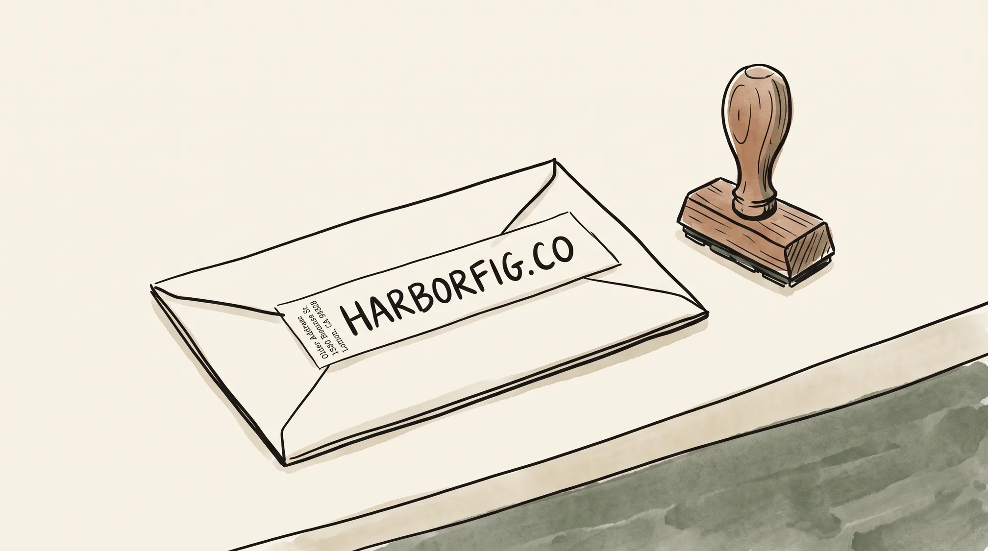 An envelope on a counter carries a stuck-on forwarding label lettered HARBORFIG.CO over an older address, with a rubber date stamp lying next to it.