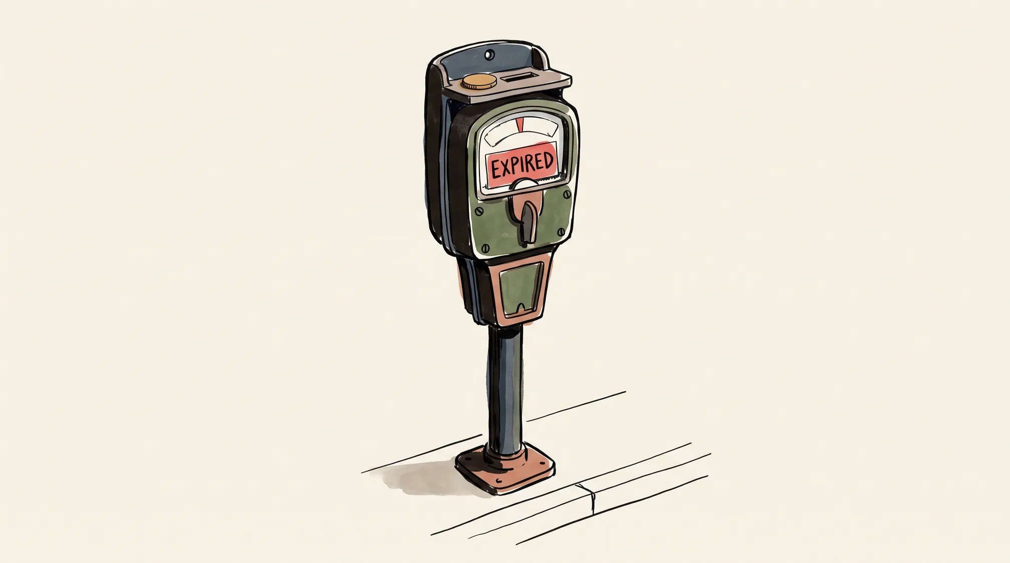 A street parking meter whose window shows a red EXPIRED flag, with a single coin resting on the meter's top ledge next to the coin slot.