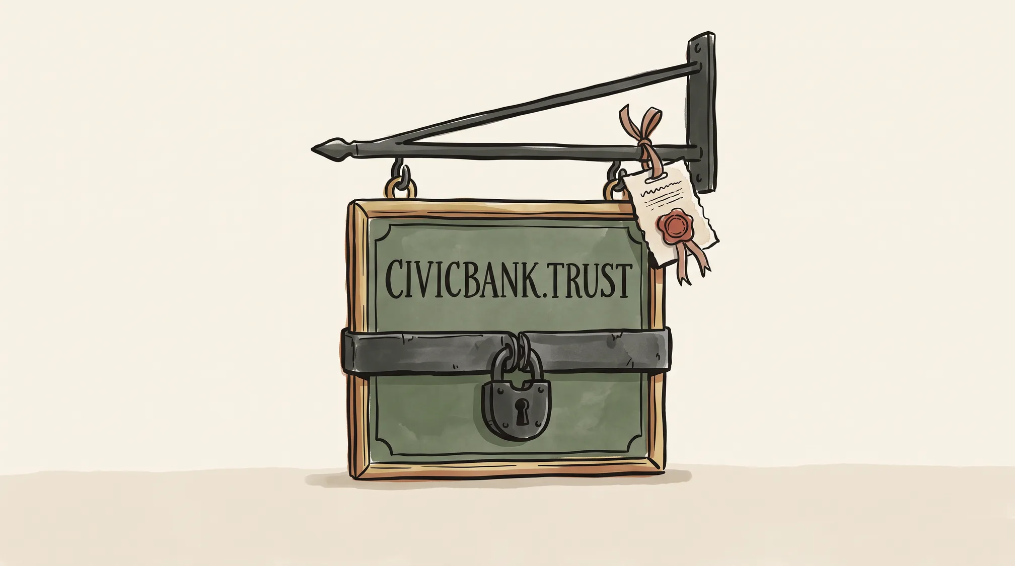 An enamel shop sign reading CIVICBANK.TRUST hangs from an iron bracket with a padlocked steel band clamped across it and a wax-sealed certificate tied to the bracket.