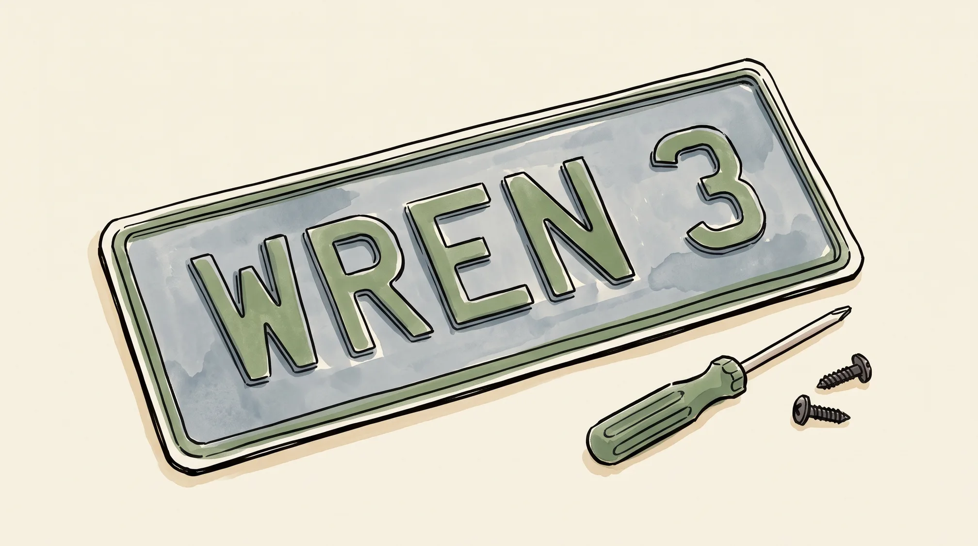 A personalised car number plate reading WREN 3 lies loose on a workbench next to a screwdriver and two screws.