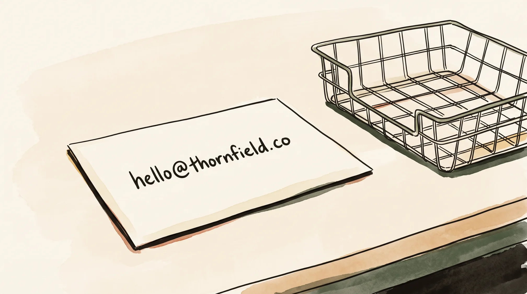 A cream envelope on a wooden table addressed by hand to hello@thornfield.co, with an empty wire mail tray beside it.