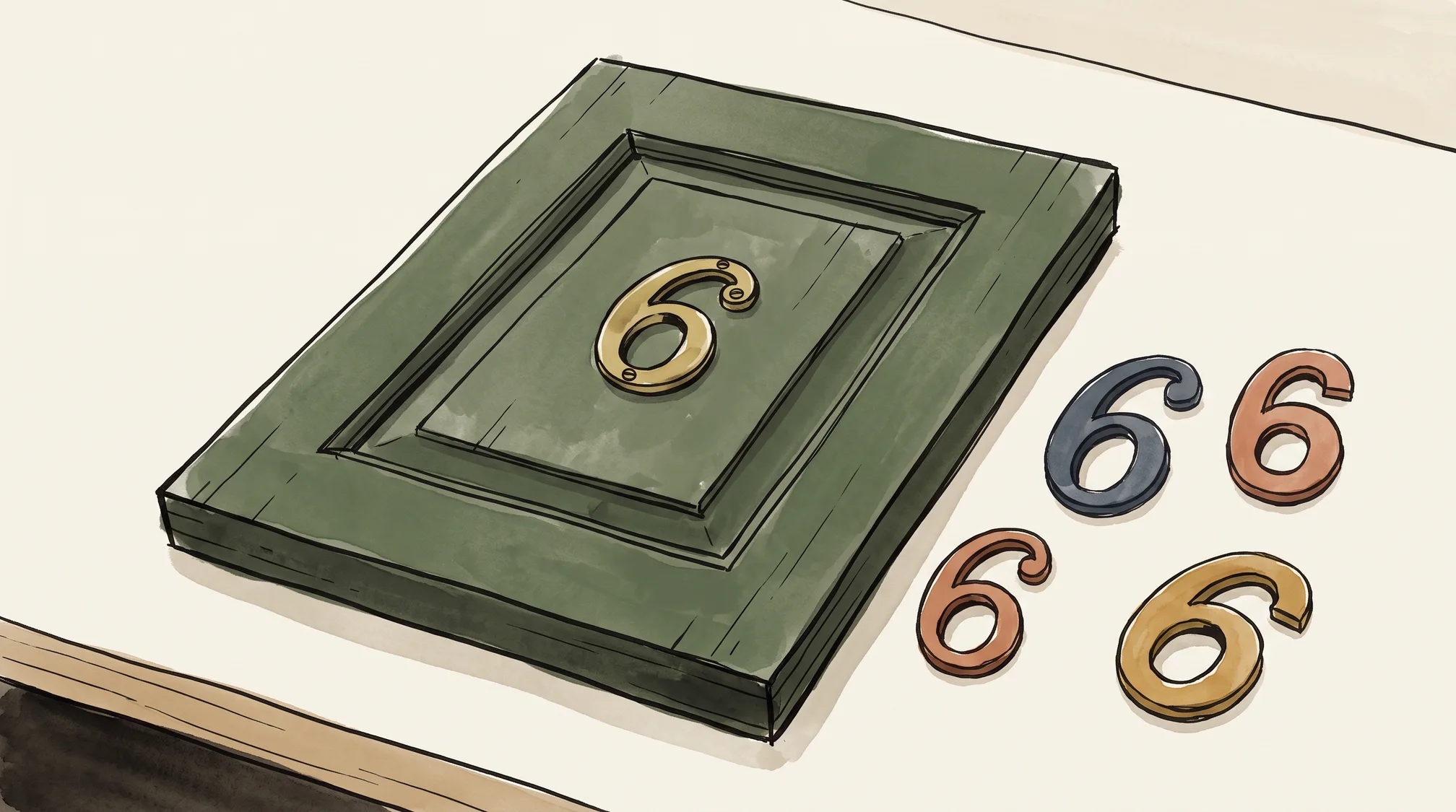 A door panel with a brass number six screwed on lies on a shop counter beside several loose copies of the same number in different metals.