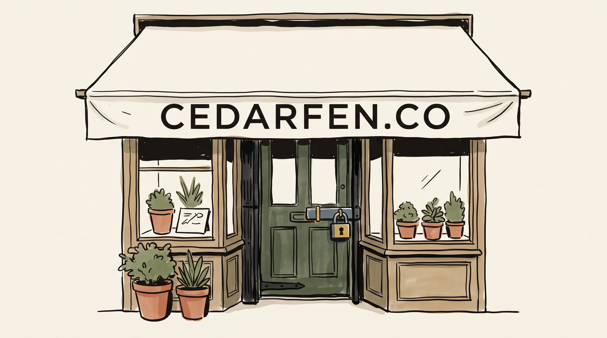 A shop awning lettered CEDARFEN.CO hangs above a closed shop door fastened with a new brass padlock.