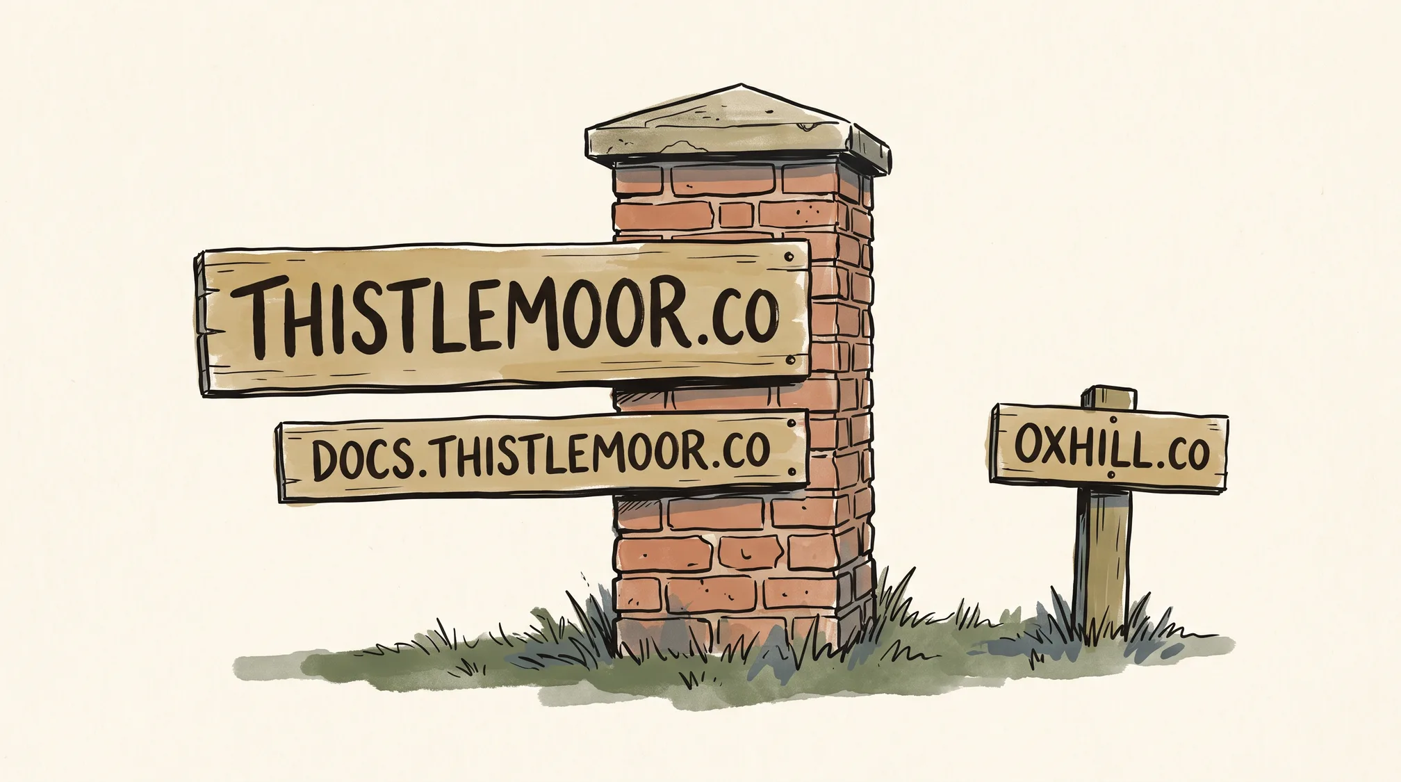 A brick gatepost with a large sign reading THISTLEMOOR.CO and a smaller sign below it reading DOCS.THISTLEMOOR.CO, beside a separate low post with one sign reading OXHILL.CO.