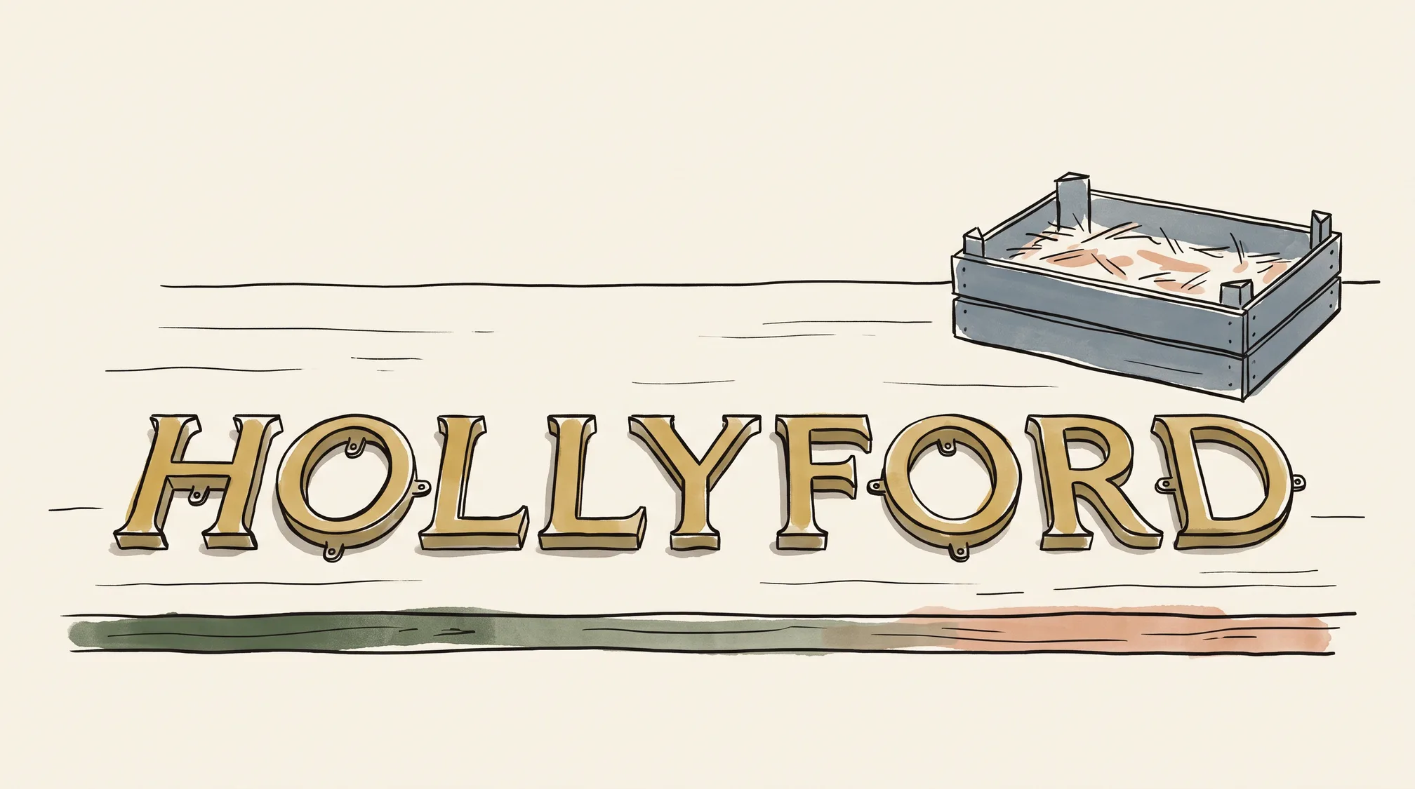 Detached gold shopfront letters spelling HOLLYFORD lie in a row on a workbench next to an empty straw-lined crate.