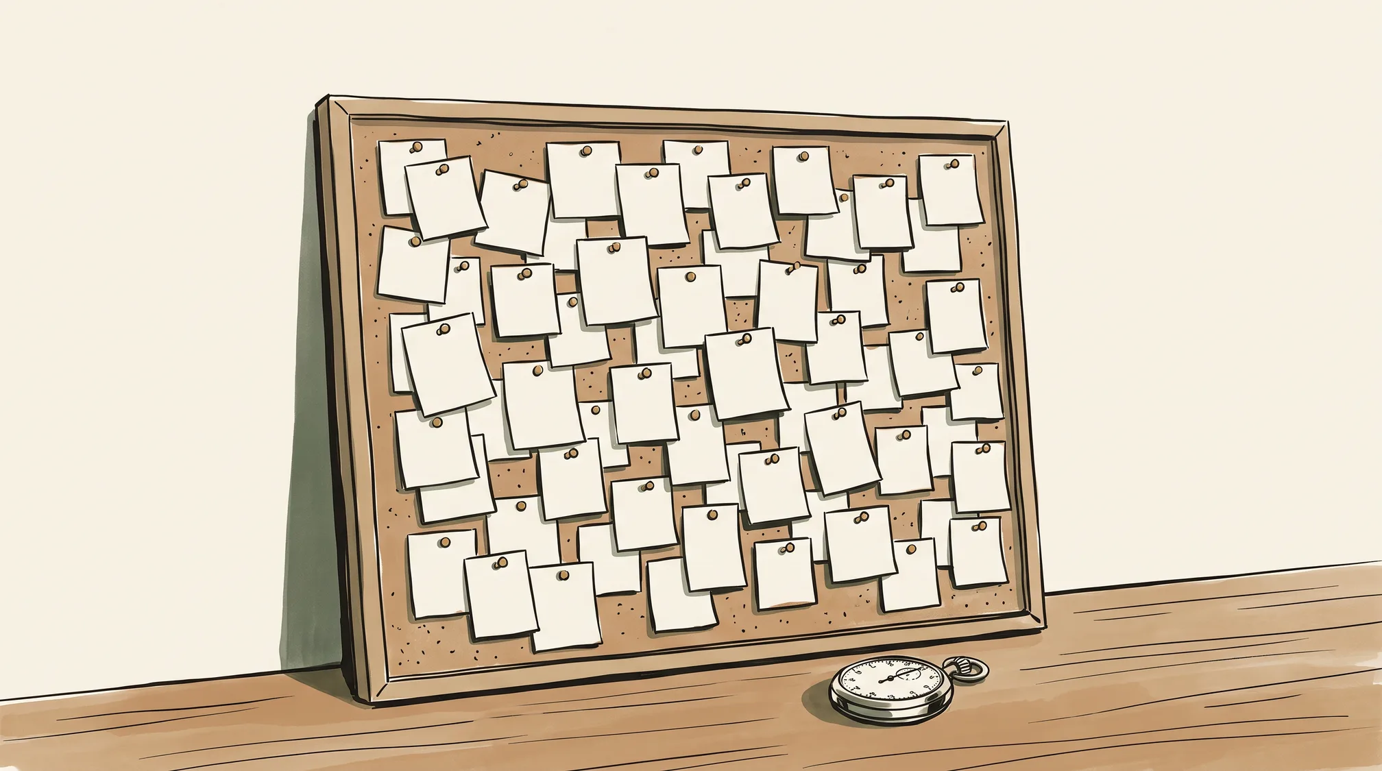 A cork board densely covered with small pinned paper slips, a chrome pocket stopwatch on the table beneath it.