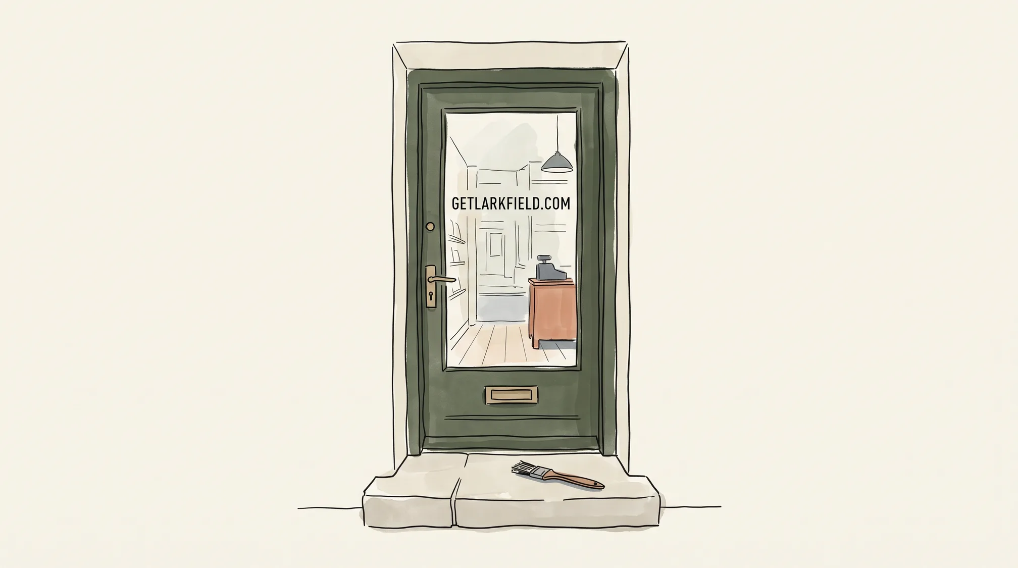 A shop door's glass panel painted with the words GETLARKFIELD.COM, a signwriter's brush lying on the threshold beneath it.