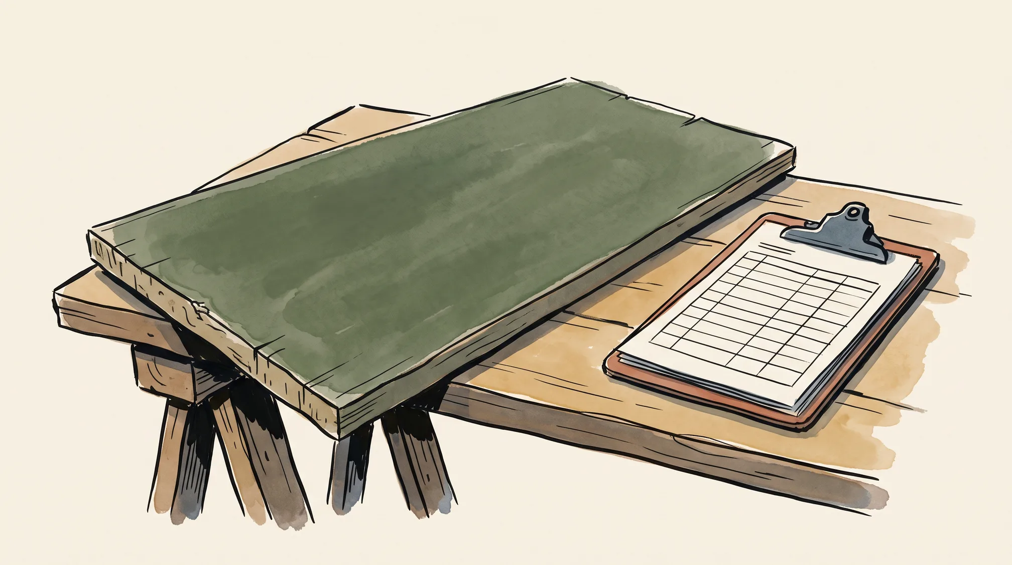 A blank white-primed shop signboard lying on a workbench next to a clipboard holding an empty ruled form.