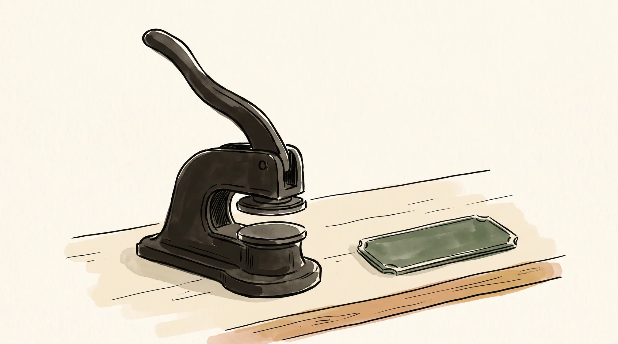 A cast-iron lever-operated embossing seal press on a wooden counter, with a small blank enamel shop sign lying beside it.
