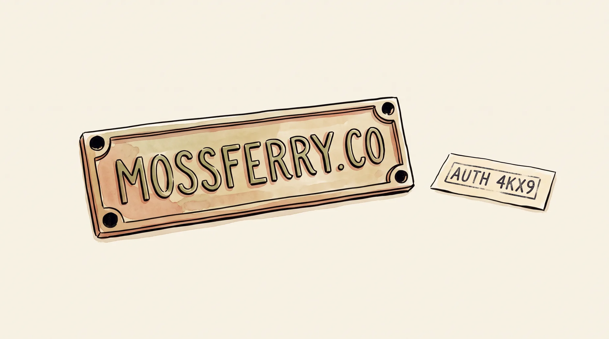 A brass nameplate reading MOSSFERRY.CO lies loose on a wooden counter next to a small paper slip stamped AUTH 4KX9.