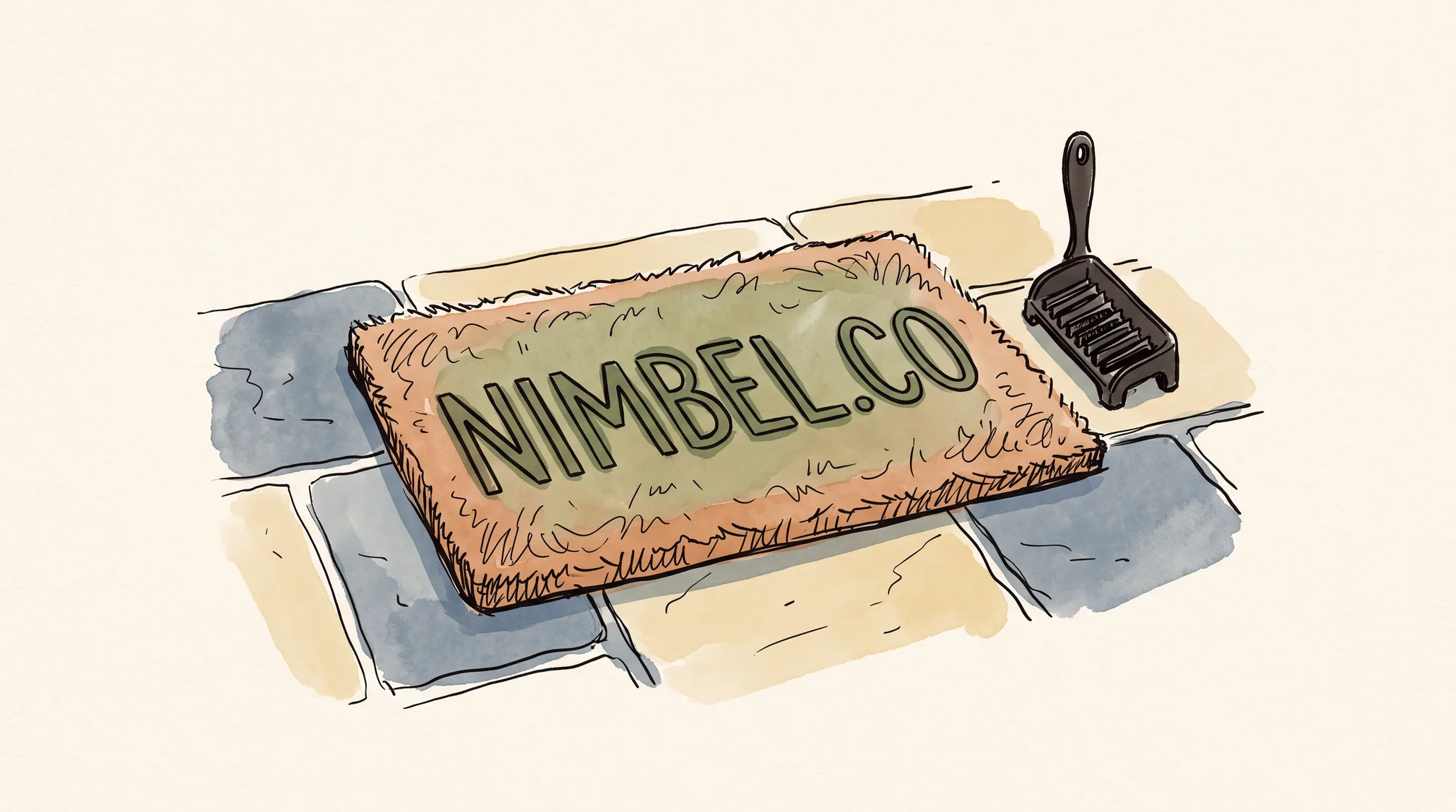 A coir doormat on a stone doorstep woven with the name NIMBEL.CO, a cast-iron boot scraper on the stone beside it.