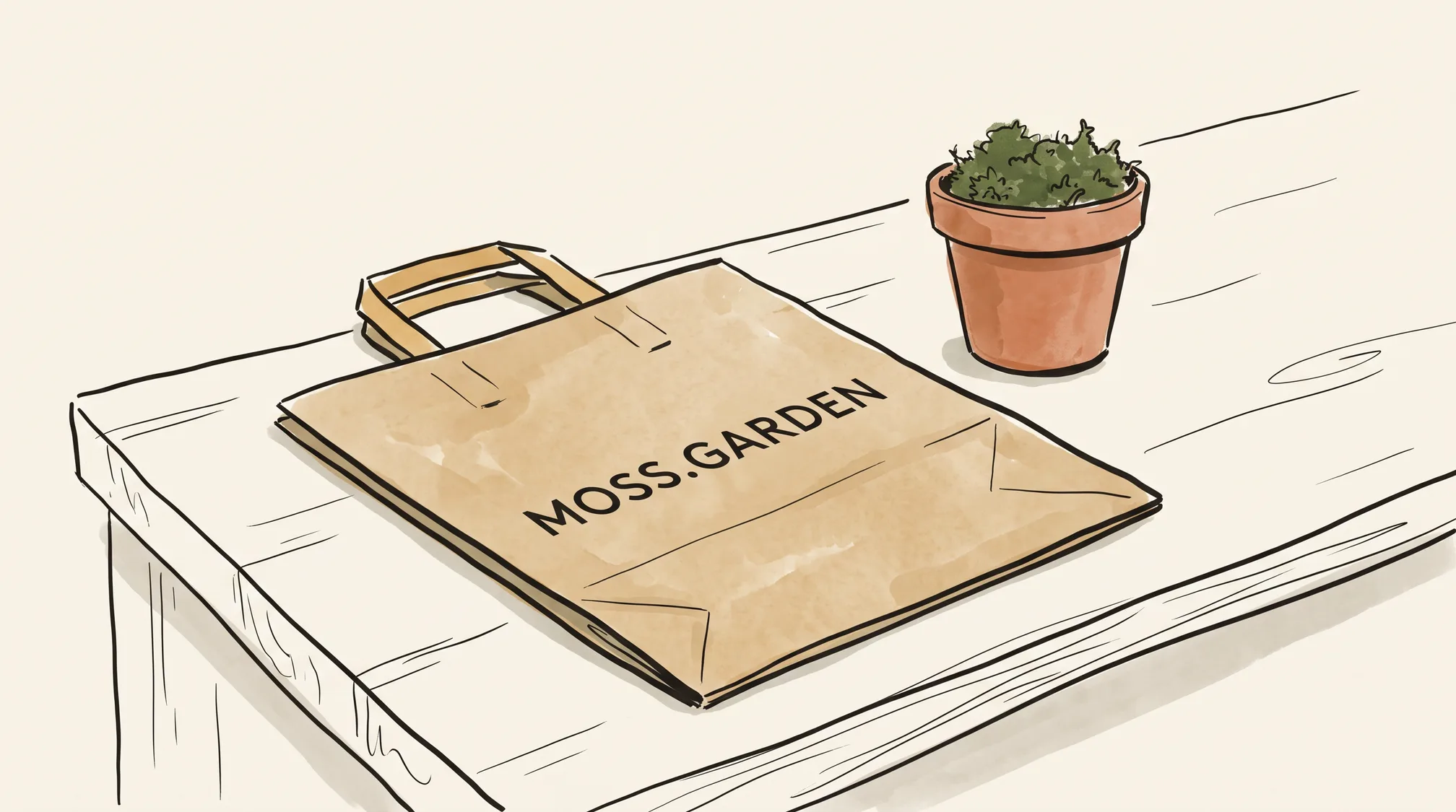 A kraft paper shop bag printed MOSS.GARDEN lies on a wooden counter next to a small terracotta pot of moss.
