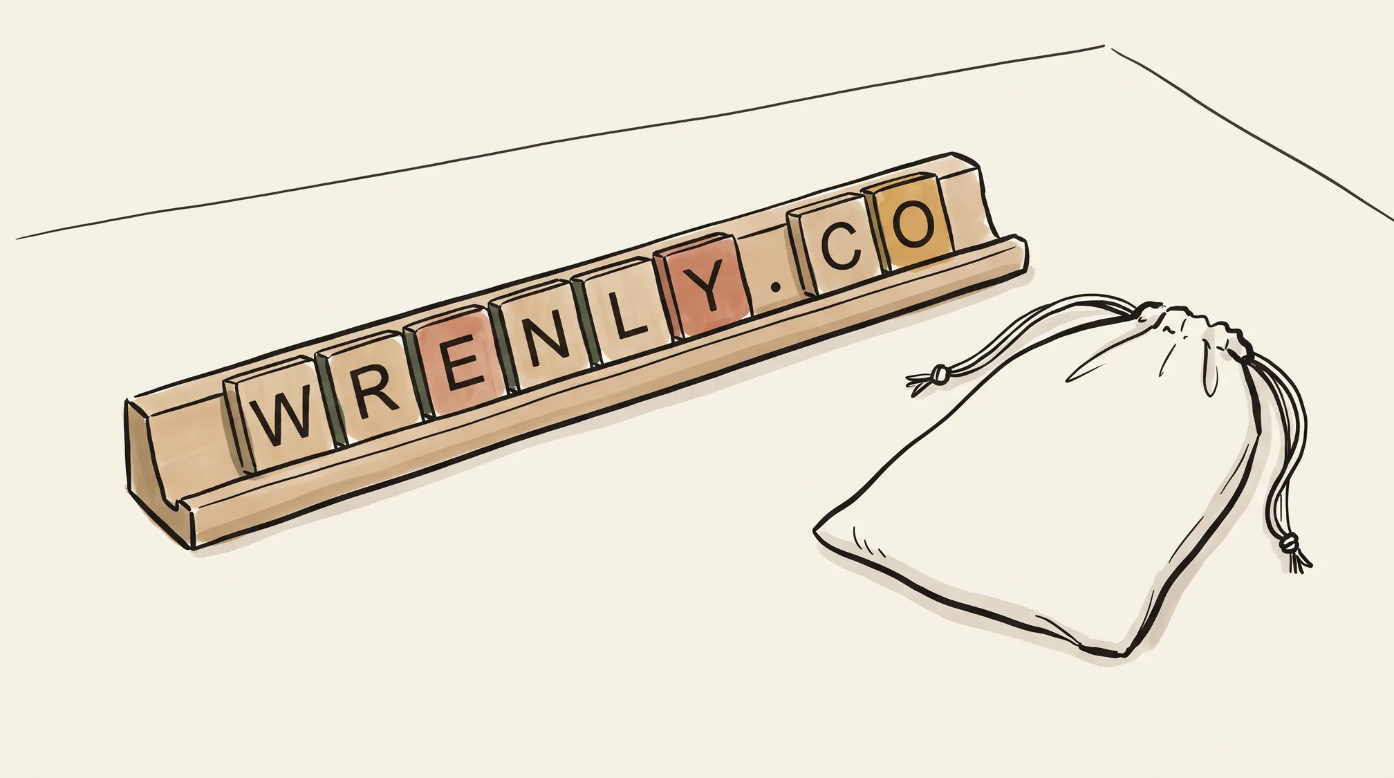 A wooden letter-tile rack on a table spells out the domain name WRENLY.CO, with a closed drawstring cloth bag on the table beside it.