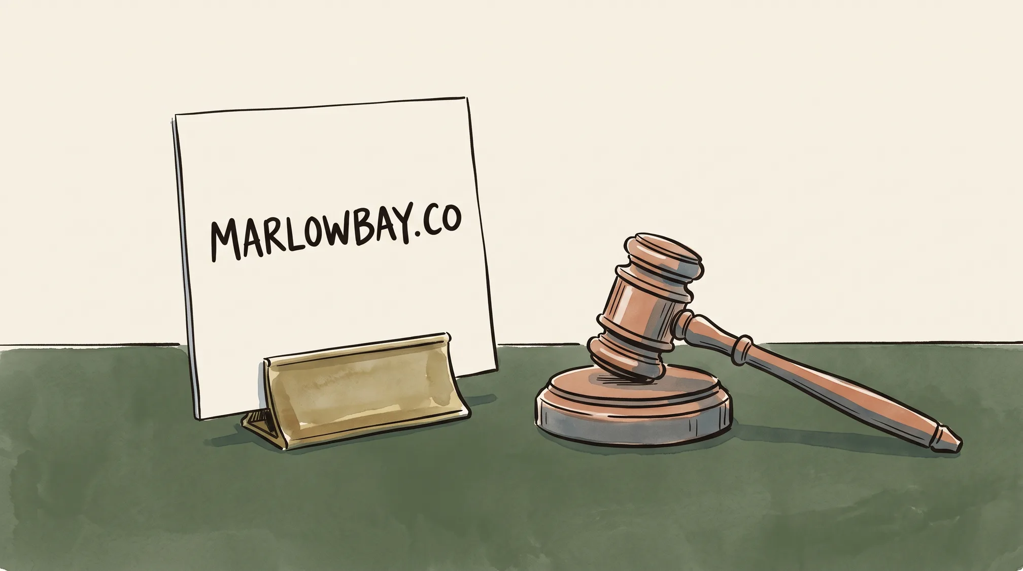 An auction lot card printed with the domain name MARLOWBAY.CO stands in a brass holder on a baize table, next to a wooden gavel on its block.