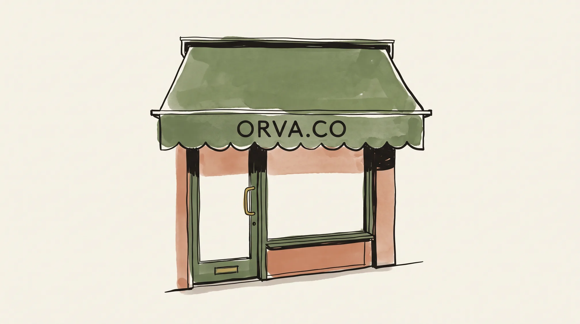 A shop awning lowered over a closed shopfront, its front edge painted with the short name ORVA.CO above a glass door with a brass handle.