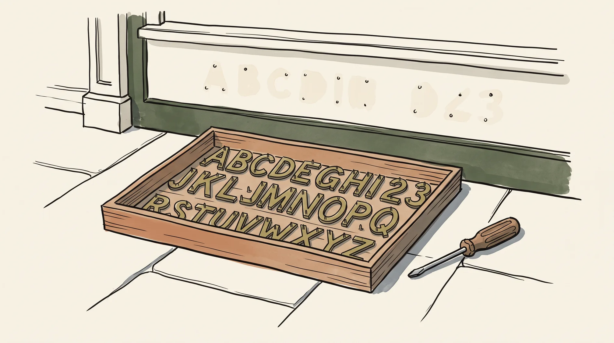 A tray of unmounted brass shop letters on a pavement below an empty shop fascia that still shows pale marks and screw holes where a name used to be.