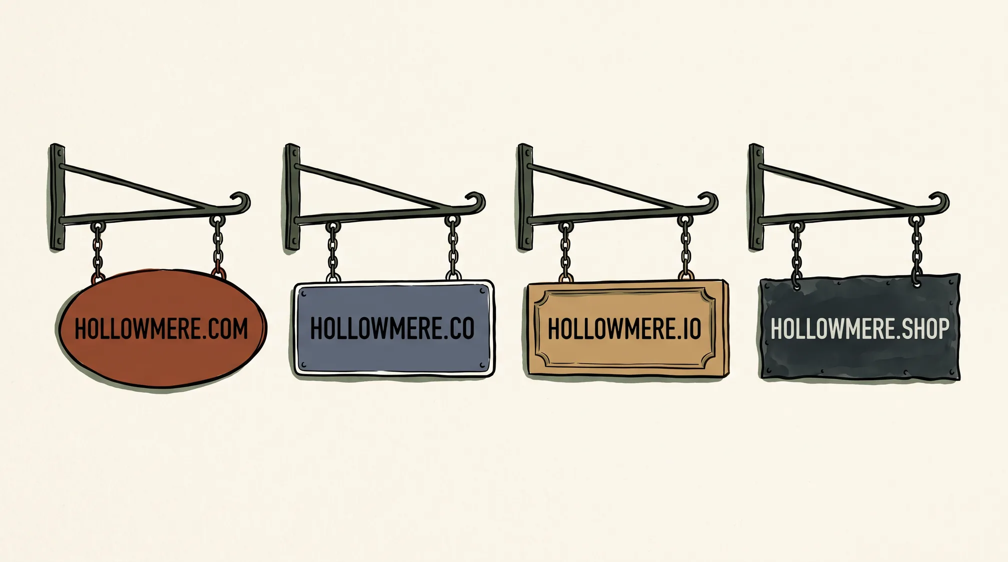 Four hanging shop signs of different shapes on a plaster wall, each painted with the same name under a different domain ending.