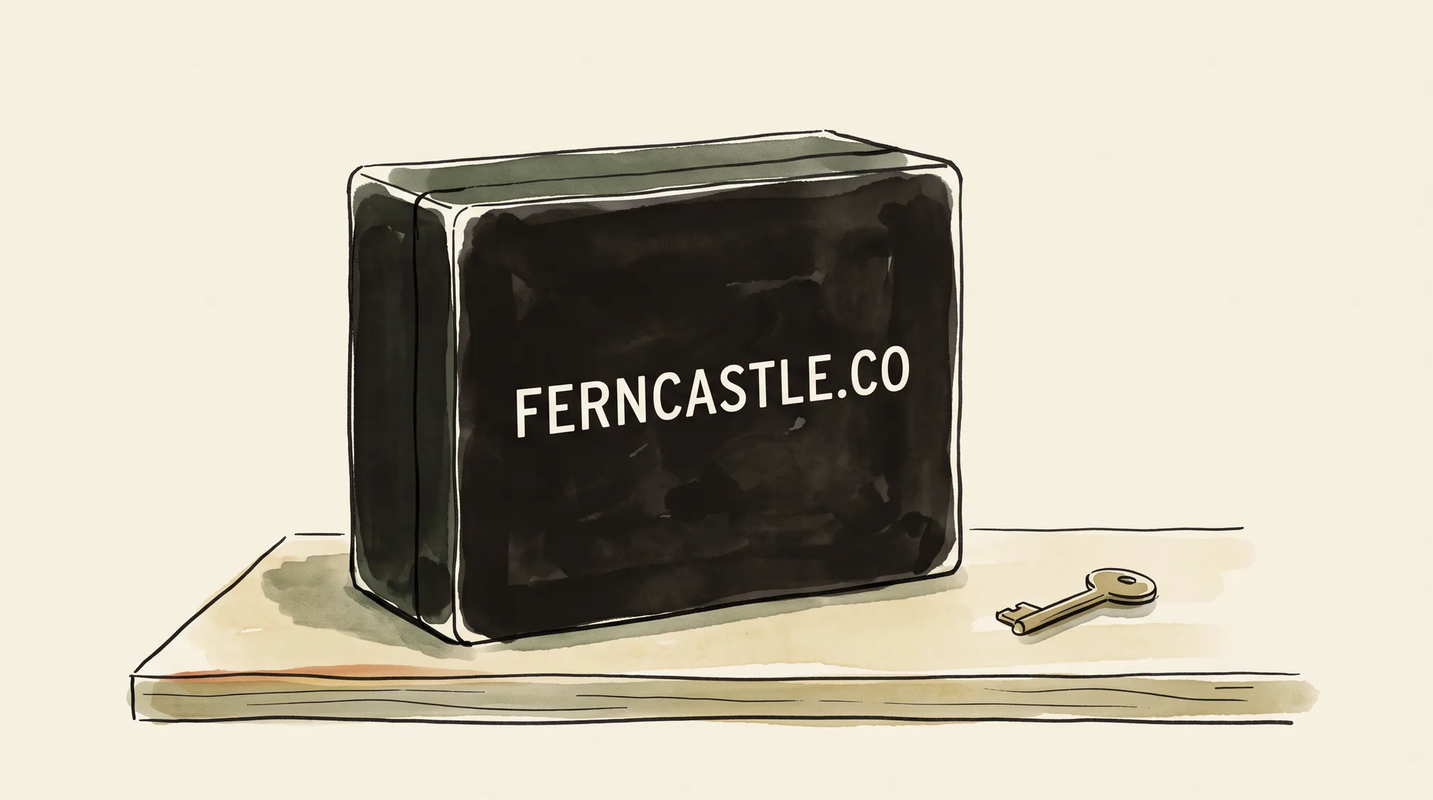 A black metal deed box painted with the name FERNCASTLE.CO sits closed on a wooden shelf, with a small brass key lying on the shelf next to it.