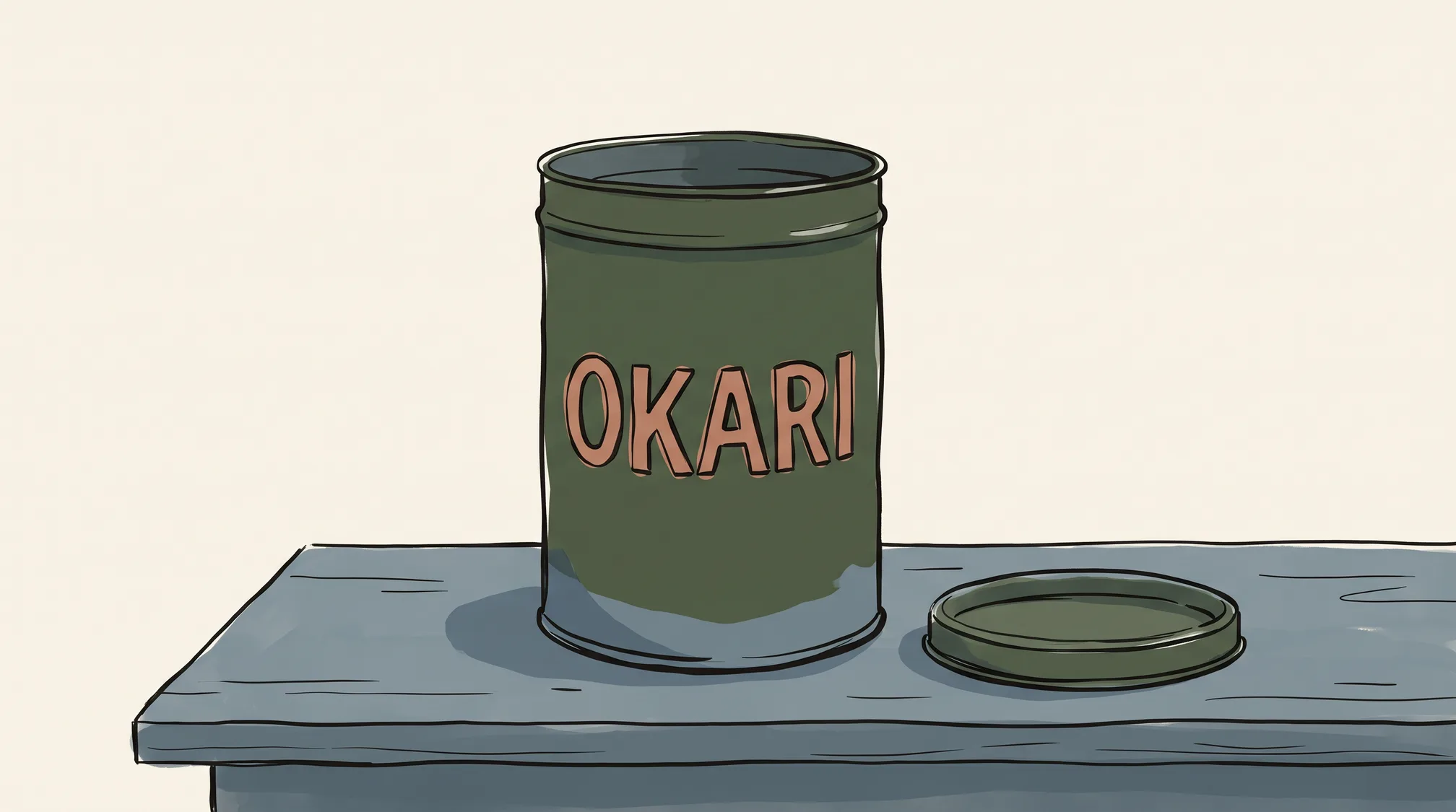 A tall painted tin canister on a wooden counter lettered OKARI, with its lid lying beside it.