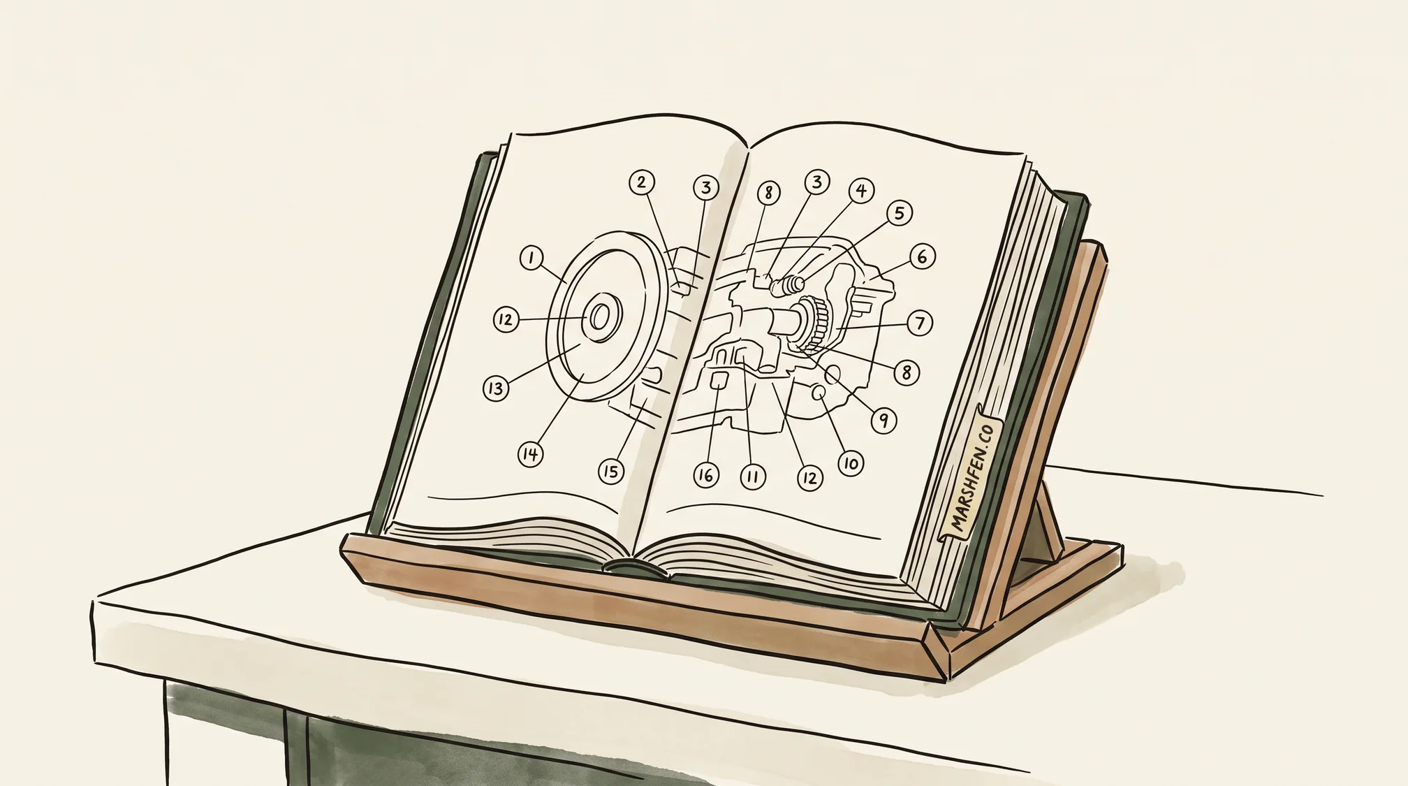 A clothbound repair manual open on a reading stand showing a labelled diagram, with a paper tab reading MARSHFEN.CO on the page edge.